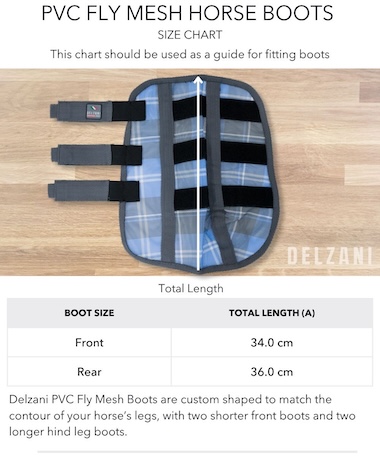 Delzani Outback PVC Fly Mesh Boots – feature diagram showing PVC mesh construction, elastic straps, pull tabs, and contoured shape